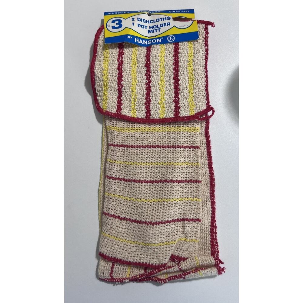 Vtg Hanson All Cotton Kitchen Yellow Red Dishcloths & Pot Holder Mitt 3pc NOS